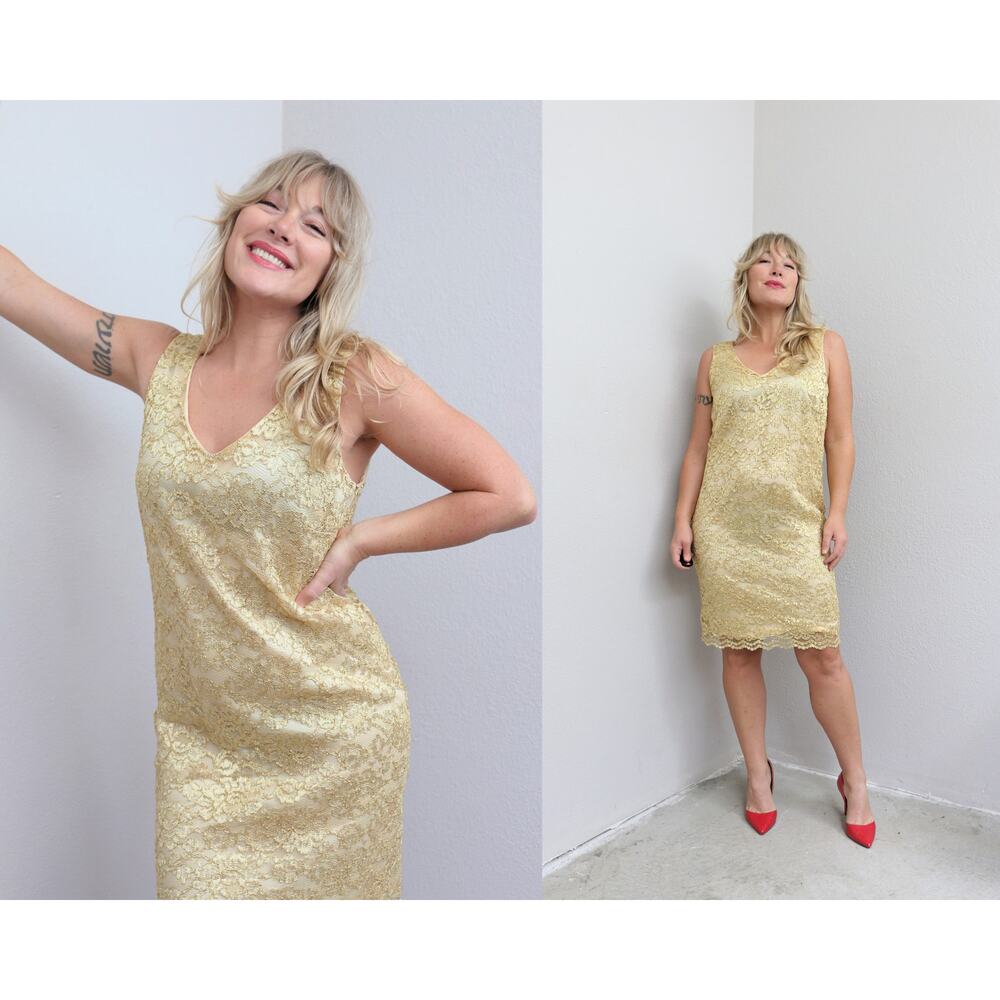 1990's Vintage Tina Hagen Gold Lace Cocktail Formal Party Dress ~ Women's SM MD